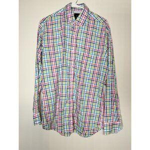 TAILOR BYRD Mens Button Up Collared Business Casual Pink Green Blue Plaid Medium